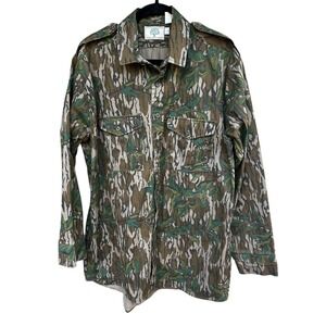 Vintage 80s Mossy Oak Green Leaf Camo Long Sleeve Shirt Mens Small Made USA